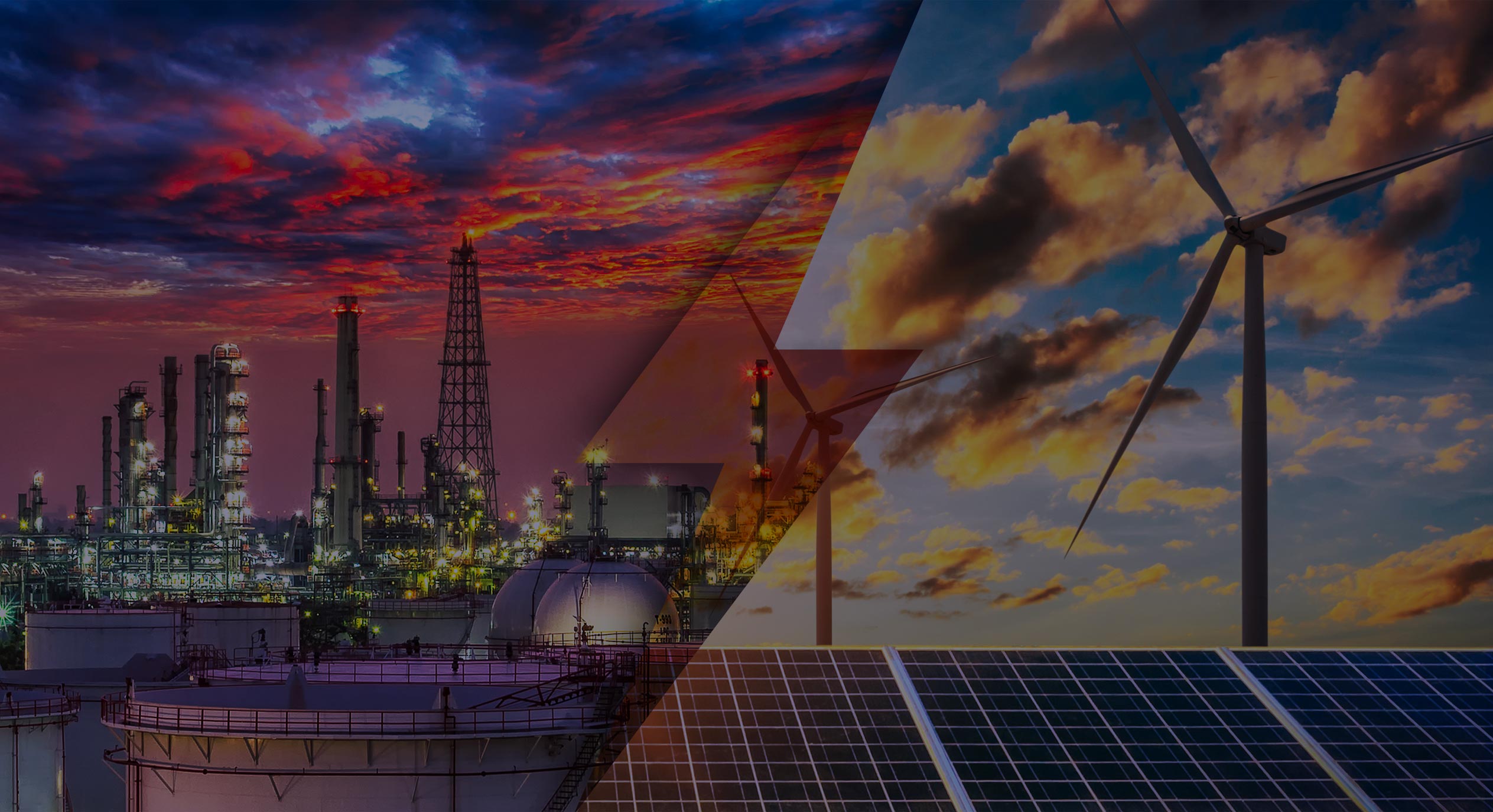 Industrial plant and wind turbine with sunset sky on left and grid on right